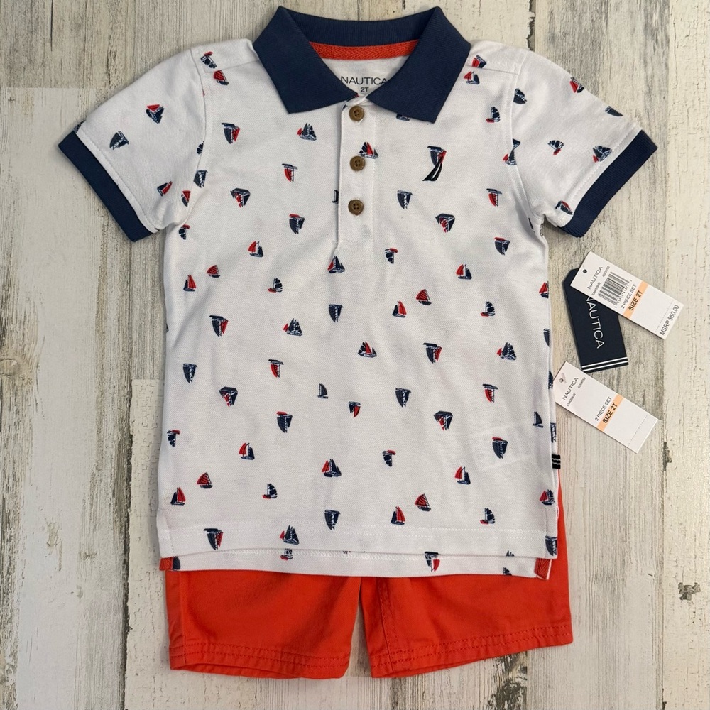 Nautica Boys White Polo with Navy Collar & Red Sailboat Print + Red Shorts Set